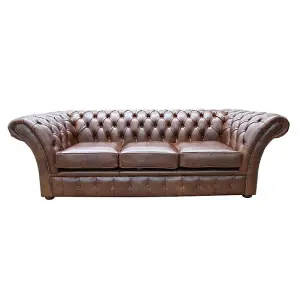 Chesterfield 3 Seater New England Texas Brown Leather Sofa Settee In Balmoral Style