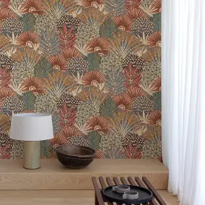 Grandeco Boutique Collection Mael Modern Jungle Red Teal Botanical Wallpaper