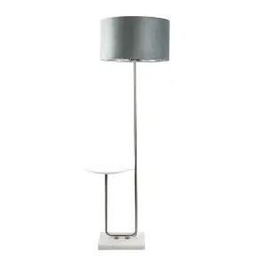 ValueLights Tavel Chrome Floor Lamp with Table and Grey Velvet with Chrome Inner Lamp Shade and Bulb