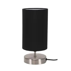 ValueLights Francis Brushed Chrome Cylinder Touch Dimmer Table Lamp with Black Fabric Shade Bedside Light