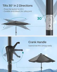 SONGMICS Parasol, Garden Umbrella, 32 Solar Powered LED Lights, Dual-Tilt System, Outdoor, Without Base, Grey