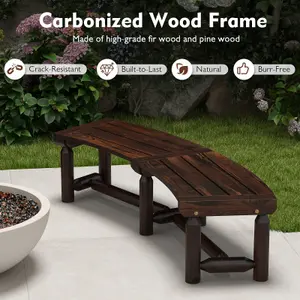 Costway Garden Curved Bench Patio Carbonized Wood Dining Bench Loveseat Slatted Seat