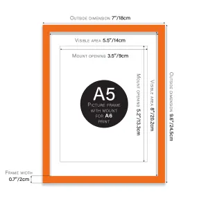 A5 Orange Picture Frame With Mount for A6 (10.5 x 14.8cm - 4.1 x 5.8in) Poster, Photo, Artwork, or Print.