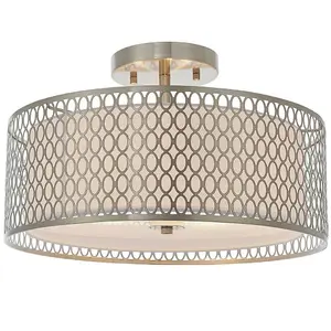 Low Ceiling Geometric Light Satin Nickel Glass & Fabric Round Modern Lamp Shade