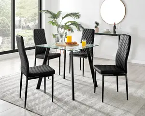 Furniturebox Malmo Scandi Inspired Rectangular Glass & Black Wood Dining Table withh 4 Black Milan Faux Leather Black Leg Chairs