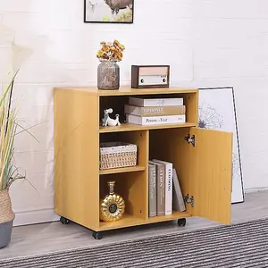 Printer Stand Cabinet Wooden Beech with 2 Shelves and 1 Door Filing Cabinet - Short Wood Office Storage Cupboard Organiser