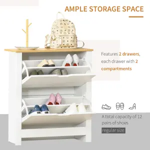 HOMCOM 12-Shoe Storage Cabinet 4 Shelves 2 Drawers Tabletop 4 Legs Modern White