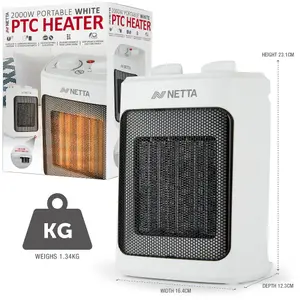 NETTA 2000W Ceramic Fan Heater 3 Heat Settings Overheat Protection - White