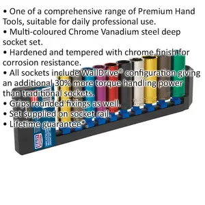 10 PACK Multi Colour DEEP Socket Set 1/2" Metric Square Drive - 6 Pt WallDrive