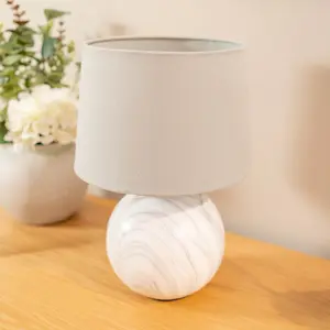 ValueLights Connie Marble Effect Ceramic Table Lamp with a Grey Fabric Shade Bedroom Bedside Light - Bulb Included