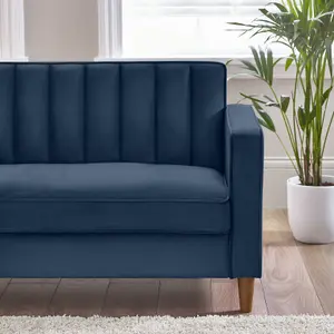 Furniturebox UK Velvet Sofa - 'Kit' 2 Seater Upholstered Navy Blue Fabric Sofa - Vertical Stitching - Modern Living Room Furniture