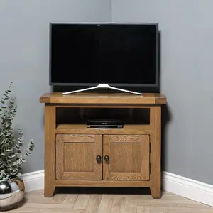 Elm Home And Garden Rustic Oak Wooden Corner Tv Media Video Unit Stand 65cm high x 80cm Wide x 40cm Deep Fully Assembled