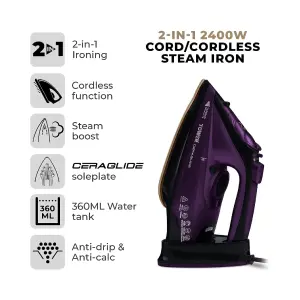 Tower T22008 CeraGlide Cordless Steam Iron, 2400W, 360ml Water Tank - Purple