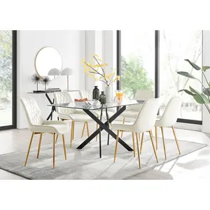 Lenworth Glass Rectangular Dining Table Set with 6 Luxury Velvet Chairs Black / Cream/Gold