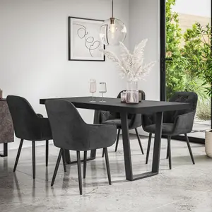 Aria Dining Table And Chairs -  Black Table Top w Black Legs + Anika Velvet Dining Chair Set Of 4 (Black)