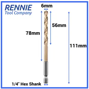 Box of 10 x 6mm Hex Shank HSS Gold Cobalt Jobber Drill Bit Set For Stainless Steel, Hard Metals, Aluminium, Cast Iron, Copper.