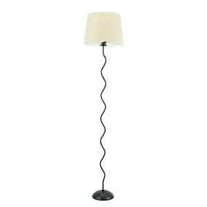 ValueLights Wiggle Black Metal Single Stem Floor Lamp with Linen Scallop White Trim Tapered Shade