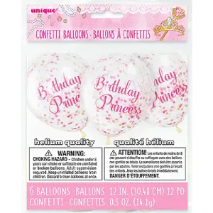 Unique Party 6 Clear 12 Inch Birthday Princess Confetti Balloons Pink (12 inches)