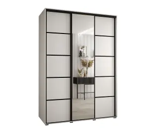 Elegant White Mirrored Cannes V Sliding Wardrobe H2050mm W1800mm D600mm with Custom Black Steel Handles and Decorative Strips