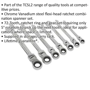 7-Piece Flexible Head Ratchet Spanner Set - 12 Point Metric Socket Tool Kit