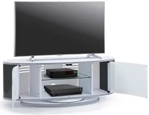 MDA Designs LUNA Gloss White Oval Cabinet with Black Profiles and White BeamThru Glass Doors for Flat Screen TVs up to 50"