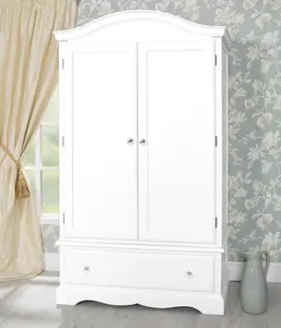 Romance Double Wardrobe With Drawer and Crystal Handles - True White