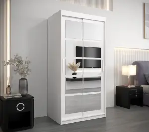 Roma II White Stylish Sliding Door Wardrobe H2000mm W1000mm D620mm with Mirrored Panels