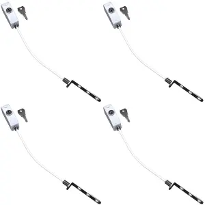 4 PACK - White Window Cable Restrictor Set - Limit Opening - Locking Safety Window Stop