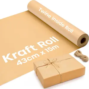 15M Kraft Wrapping Paper Roll for Eco-Friendly Christmas Gift Wrap - Recyclable Brown Craft Paper with Jute Twine 43cm Wide