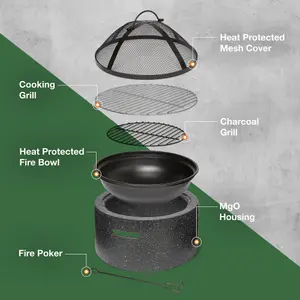 VonHaus Fire Pit, 2 in 1 Firepit with BBQ Cooking Grill for Outdoor, Garden, Patio, MgO Material, Use Wood or Charcoal to Fuel