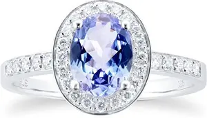 Goldsmiths 9Ct White Gold Tanzanite & Diamond Haloring - Ring Size O - Goldsmiths Rings