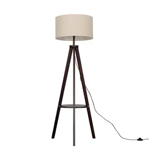 Ismay 149 cm Morrigan Wood Tripod Floor Lamp with Shelf & XL Reni Shade Grey / Biege / No