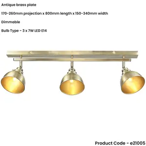 Antique brass Ceiling Spot Light - 3 x 7W LED E14 Bar Plate - Dimmable Modern industrial style