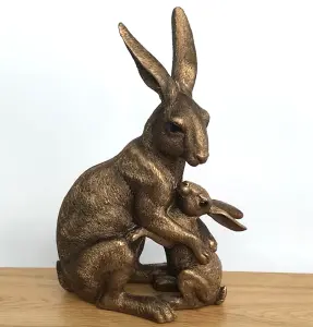 Large (25.5cm /10" high) bronze effect sitting Hare with Baby figurine from the Leonardo Reflections Bronzed range, gift boxed.