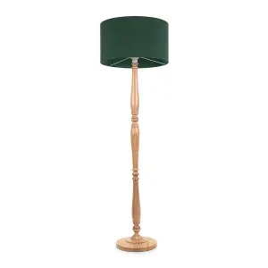 ValueLights Victoria Traditional Light Wood Candlestick Floor Lamp with Forest Green Drum Shade - LED Bulb Included