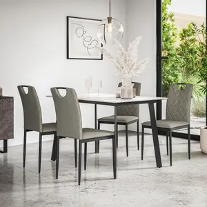 Haydon Extending Dining Table + Chairs- White Marble Effect Table Top w Black Legs + Monza Linen Dining Chair Set Of 6 (Grey)