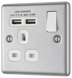 GoodHome Brushed Steel Single 13A Raised rounded Switched Screwed Socket with USB, x2 & White inserts