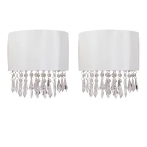 First Choice Lighting Set of 2 Jewelled Ivory Fabric Wall Lights With Clear Beaded Crystal Style Strings