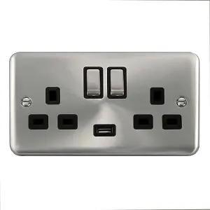 Curved Satin / Brushed Chrome 2 Gang 13A DP Ingot 1 USB Twin Double Switched Plug Socket - Black Trim - SE Home