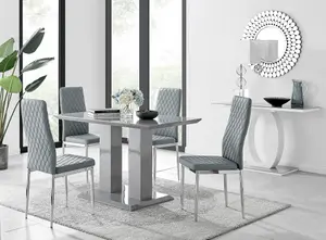 Imperia Grey High Gloss 4 Seater Dining Table with Structural 2 Plinth Column Legs 4 Grey Faux Leather Silver Leg Milan Chairs