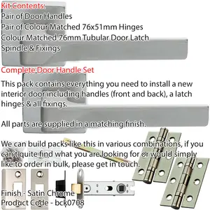 Door Handle & Latch Pack - Satin Chrome - Smooth Scalloped Bar Lever On Square Rose