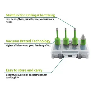 FACHLICH tile drill bits set 4pcs sizes 6-6-8mm + chamfer bit M14 grinder thread