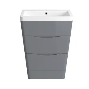 Rinse Bathrooms 600mm Gloss Grey Floor Standing 2 Drawer Vanity Unit Basin Bathroom Storage Furniture