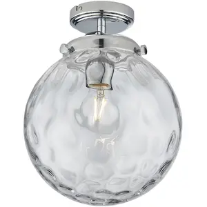 Decorative Flush Bathroom Ceiling Light Fitting - Clear Glass Dimpled Shade