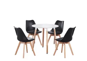 5PCs Dining Set - a White Round Dining Table & Set of 4 Black Lorenzo Tulip chairs with Padded Seat