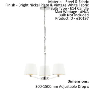 Ceiling Pendant Light Bright Nickel & Vintage White Fabric 3x 40W E14 e10197