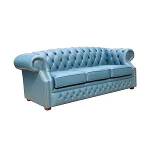 Chesterfield 3 Seater Sofa Shelly Majolica Blue Leather In Buckingham Style