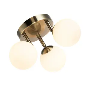 Modern Triple Opal Glass Globe IP44 Rated Bathroom Antique Brass Ceiling Light