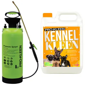 Pro-Kleen 8L Pump Sprayer with Pro-Kleen 5L Kennel Kleen Lemon For Catteries, Hutches, Aviaries, Patios, Artificial Grass