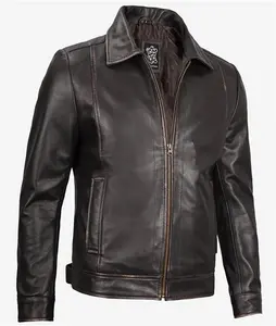 Brown Vintage Leather Jacket - Mens Shirt Collar Leather Jacket